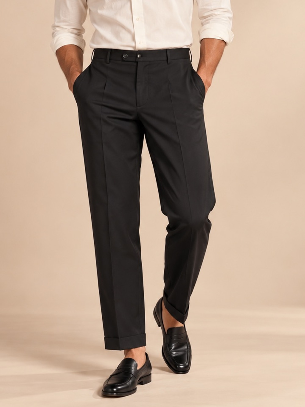 Men’s Black 100% Wool Tailored Dress Pants Size 36 Cuffed Trousers